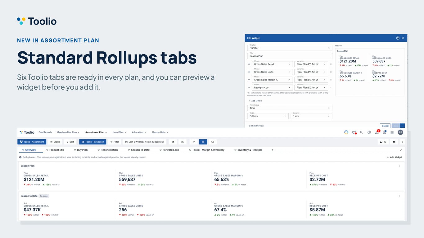 The Rollups panel with the Toolio tabs leading the tab strip and the Add Widget dialog showing a preview of a table widget