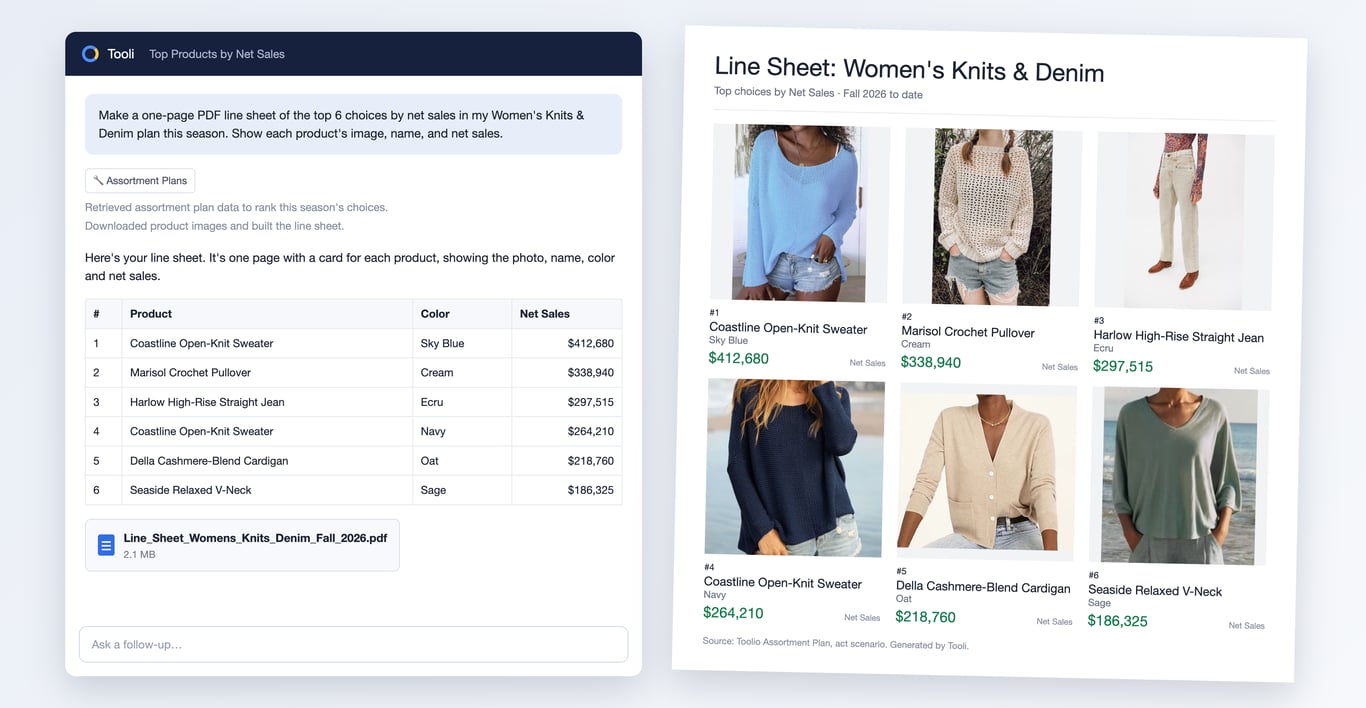 Tooli turns a request for a line sheet into a PDF with product photos, names and net sales
