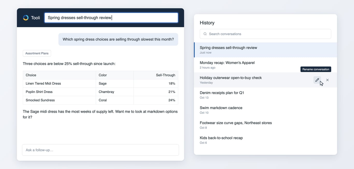The Tooli header with the title "Spring dresses sell-through review" being typed into a text field, next to the History list where a hovered conversation shows a pencil icon